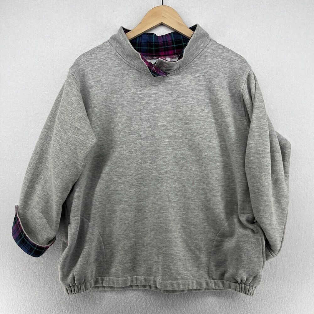 METROPOLITAN Sweatshirt Womens L Button Neck Flannel Trim Fleece Pullover Gray